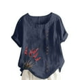 thumbnail image 2 of Lydiaunistar Women's Plus Size Spring Casual Printed Short Sleeve Button Down Blouse T-Shirt Top, Linen Loose Fit Tops for Daily Work Vacation Fashion Navy, 2 of 4