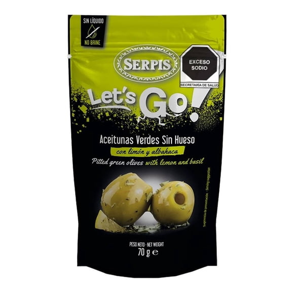 Aceitunas verdes Serpis let's go! sin hueso con limón y albahaca 70 g