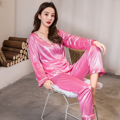 PIKADINGNIS WAVMIT long Sleeve Pajamas Ice Silk Set 2Pcs Women Sleepwear Shirt V neck Polyester Nightwear for Women long Top Pant Homewear