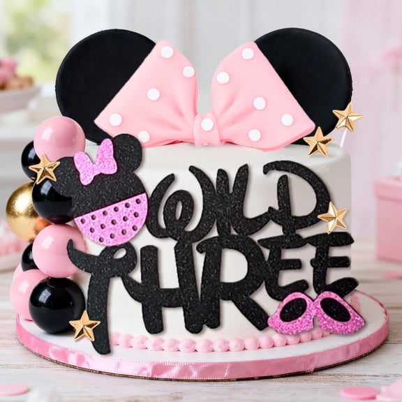 3rd Birthday Cake Topper Set - Pink Black Gold Wild Three Theme with Black Ears & Pink Bow for Party Decor