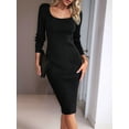 thumbnail image 3 of Women 2025 Summer Ribbed Short Sleeve Bodycon Maxi Dress Side Slit Knit Square Neck Long Sundress Black S, 3 of 7