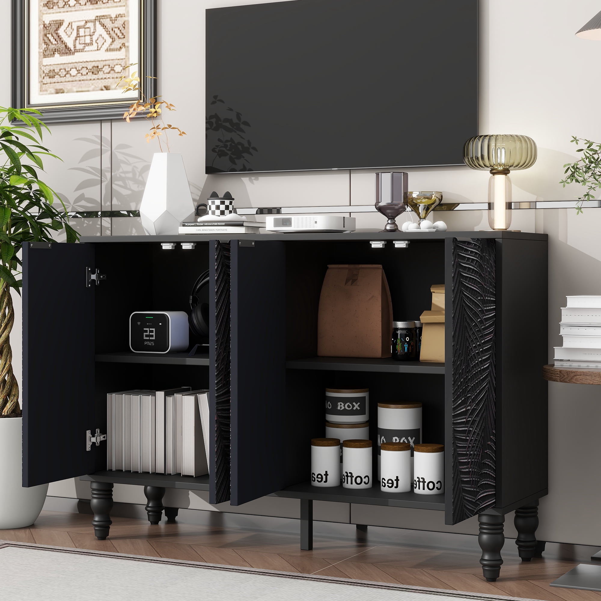 Euroco 47.2" Modern TV Stand with 2 Spacious Storage Cabinets – Entertainment Center Media Console, Solid Wood Legs, Adjustable Shelves & Anti-Tip Device for TVs up to 43"