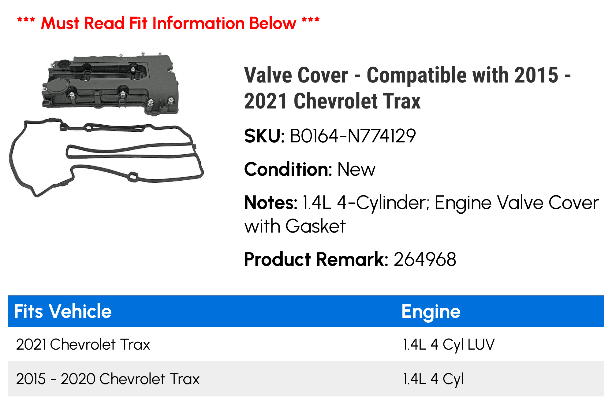 Valve Cover - Compatible with 2015 - 2021 Chevrolet Trax - Replacement