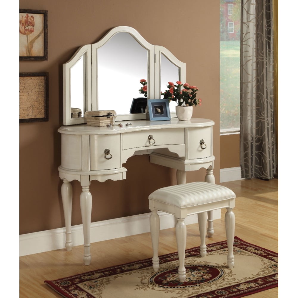 Wooden Vanity Desk with 3 Drawers & Stool, White