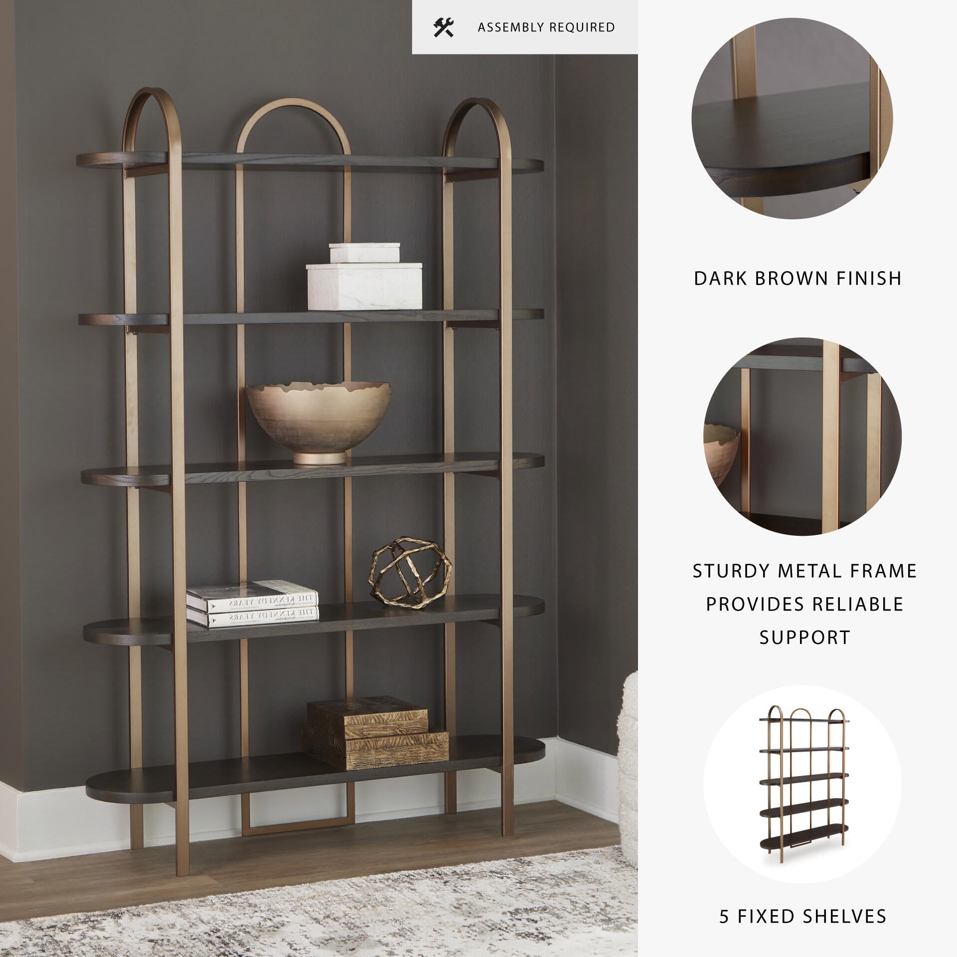 Signature Design by Ashley Brentmour 72" Modern Bookcase with 5 Shelves - Brown Wood & Gold Metal Frame
