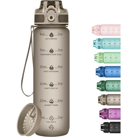 

32oz Motivational Water Bottles with Time Marker & Fruit Strainer Transparent Gradient Color Water Bottle with Times to Drink Leakproof & BPA Free Reusable Bottle with Strap (No Straw)