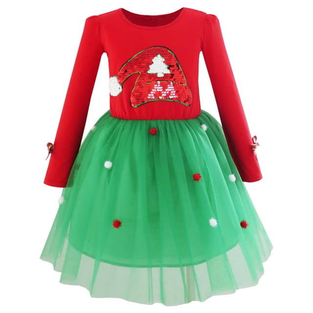 Robe Fille Noël Chapeau de Père Noël Manches Longues Robe de Fête 12 Ans