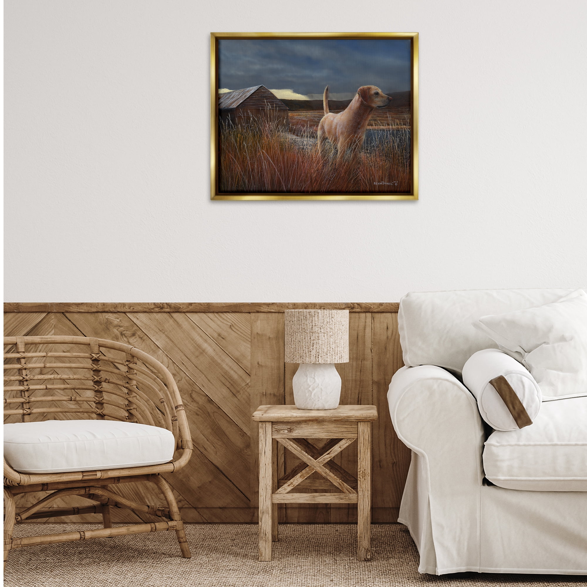 Stupell Industries Alert Dog by Cabin Landscape & Nature Painting Gold Floater Framed Canvas Art Print Wall Art, 31 x 25