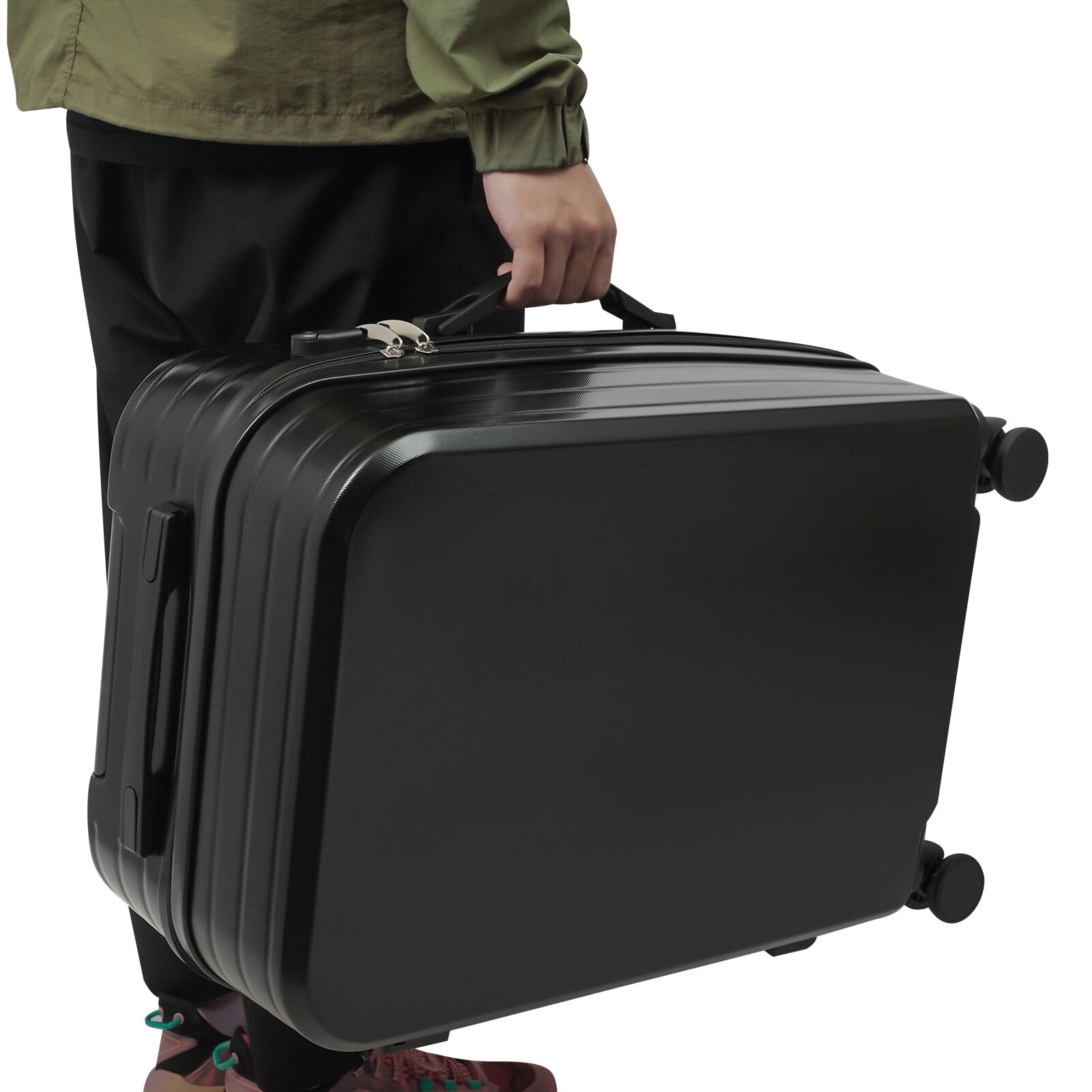 Black 24 inch Carry On Luggage, Checked Luggage with Cup Holder & Spinner Wheels Carry On Suitcase Airline Approved with USB Interface Lightweight Travel Luggage Suitcase