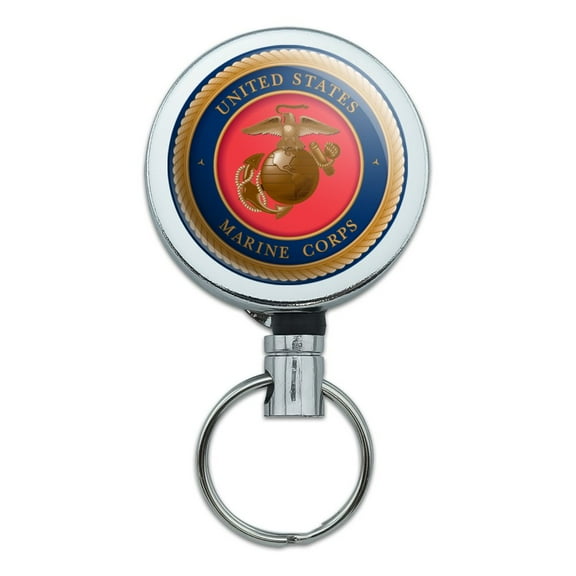 Marine Corps USMC Emblem Officially Licensed Heavy Duty Metal Retractable Reel ID Badge Key Card Tag Holder with Belt Clip