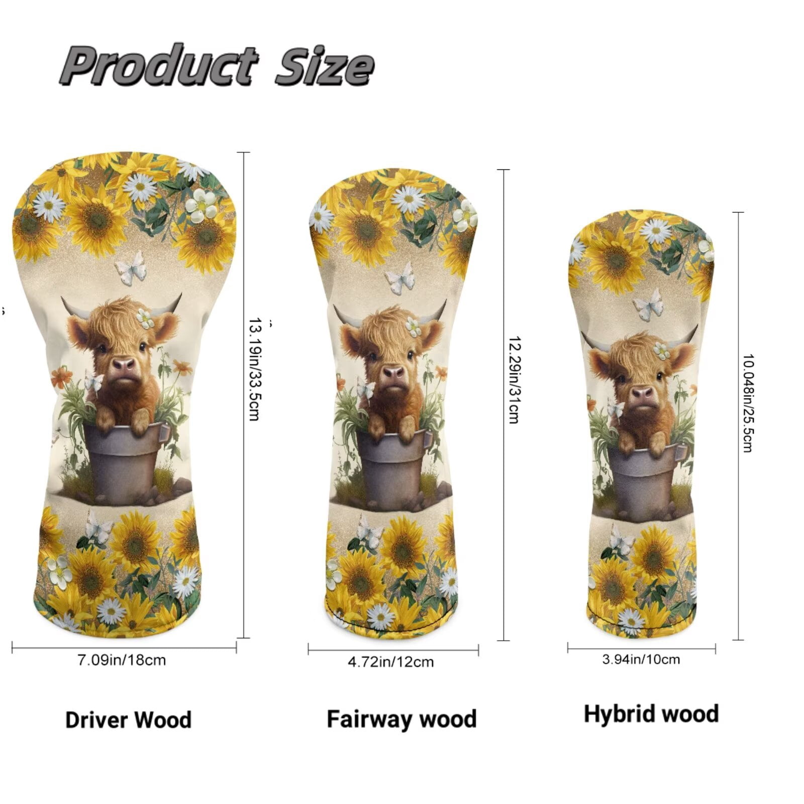 Uorisanigo Golf Club Head Covers - 3pcs Accessories Baby Highland Cow Sunflower Golf Club Headcovers Set for Fairway Woods Driver Hybrids- Waterproof and Durable PU Leather