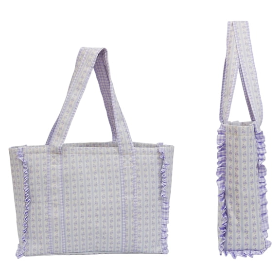 Large Quilted Tote Bag for Women, Aesthetic Floral & Gingham Shoulder Handbag with Ruffles, Soft Fabric Puffer Carryall for Work Travel & Daily Use