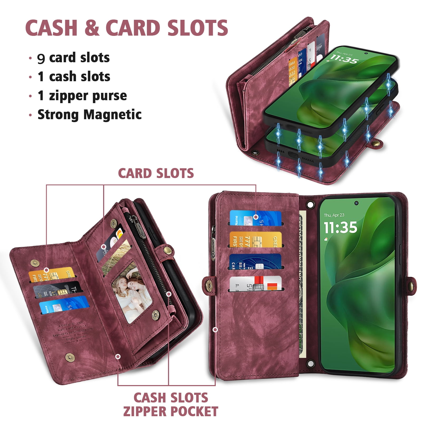 Asuwish Phone Case for Motorola Moto G Power 5G 2025 Zipper Wallet Detachable Cell Cover with Tempered Glass Screen Protector Crossbody Lanyard Strap Flip Card Holder Slot XT2515-1 Women Girls Red