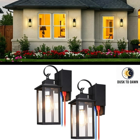 2 Pack Dusk to Dawn Outdoor Wall Lights, 16" Exterior Light Fixtures Wall Mount, Waterproof Black Porch Lights, Outside Wall Lantern for Entryway, Garage, Patio