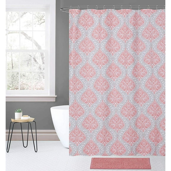 Sutton 14 pc Fabric Shower Curtain, Chenille Bath Rug Mat & Roller Hooks, Bathroom Accessory Set