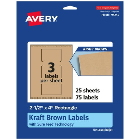 UPC: 0194793920475 | Avery Kraft Brown Rectangle Labels with Sure Feed 2.5 x 4 75 Kraft Brown Labels Print-to-the-Edge Laser/Inkjet Printable Labels