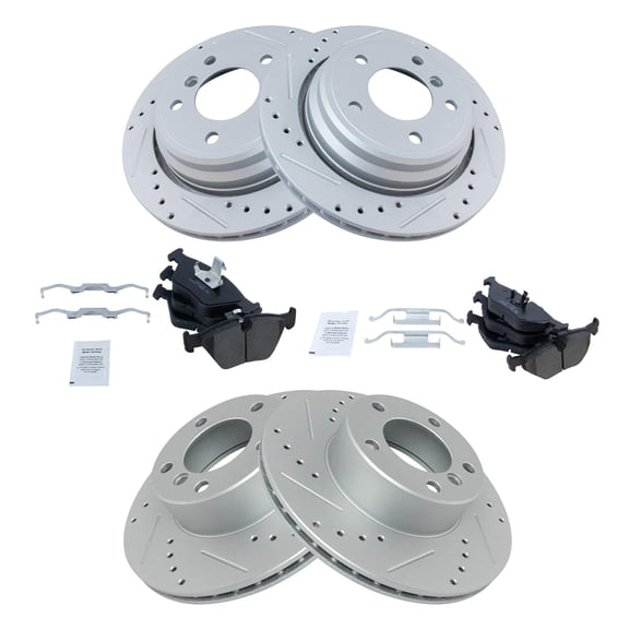 TRQ Front and Rear Performance Brake Pad & Rotor Kit Brake Pads Brake Rotors Set Ceramic Premium G-Coated Fits Select 2001-2003 BMW 525i 1997-2000 528i
