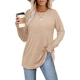 thumbnail image 5 of Long Sleeve Shirts for Women, Comdrip Womens Tunic Tops To Wear with Leggings Long Sleeve Thumb Hole Shirts Crew Neck Curved Hem Womens Long Sleeve T Shirts Khaki L, 5 of 7
