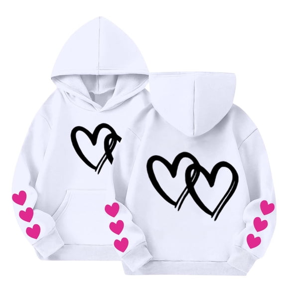 CPNG Girls Hoodies Tops Double Heart Print Long Sleeve Hooded Sweatshirts with Front Pocket Kids Loose Fit Daily Pullover Sweatshirt