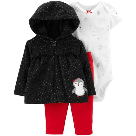 - Hooded Babydoll Cardigan, Short Sleeve Bodysuit & Pants, 3-Piece Outfit Set (Baby Girls)