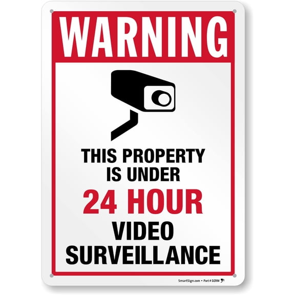 12 x 8 inch “Warning - Property Under 24 Hour Video Surveillance” Metal Sign with Camera Symbol