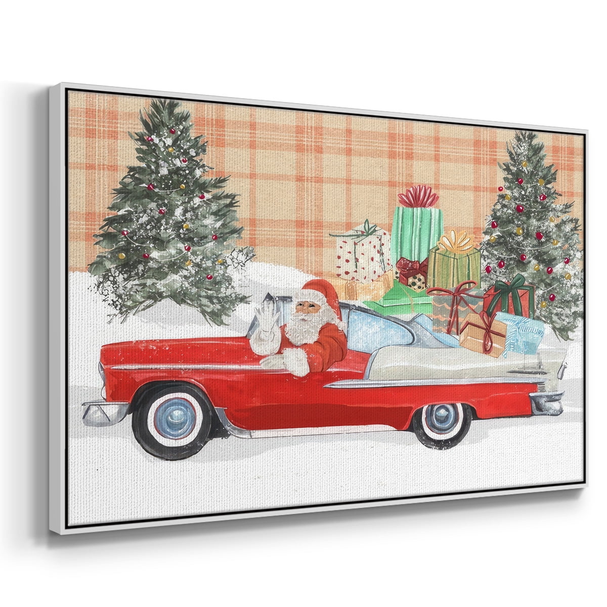 Santa on Wheels II - Framed Gallery Wrapped Holiday Canvas - 27 x 41 - White Frame