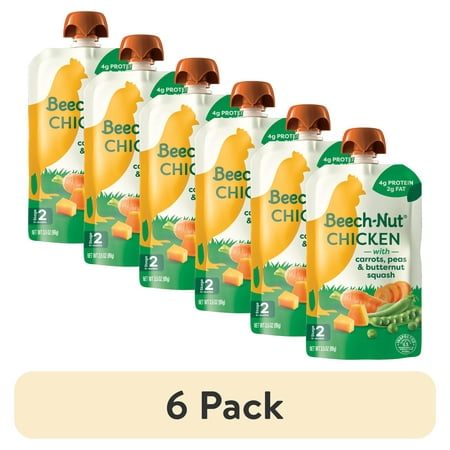 (6 pack) Beech-Nut Chicken Stage 2 Baby Food, Chicken Carrots Peas & Butternut Squash, Puree Meat Baby Food Pouch, 3.5 oz Pouch