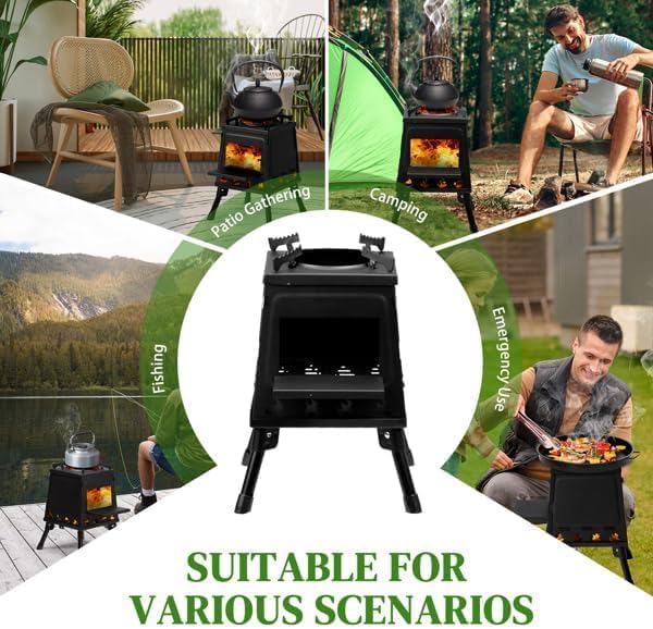 Outdoor Portable Wood Burning Stove, Heating Burner Wood Stove,Camping Stove For Tent,Camping, Ice-fishing, Cookout, Hiking, Travel,Tent Stove With Storage Bag,firewood hook,1 pair of gloves