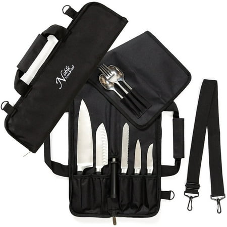 Chef Knife Roll Bag (6 slots) is Padded and Holds 5 Knives PLUS a Protected Pouch for Your Knife Steel! Our Durable Knife Carrier Includes Shoulder Strap, Handle, and Business Card Holder. (Bag (Best Way To Hold A Knife In A Fight)