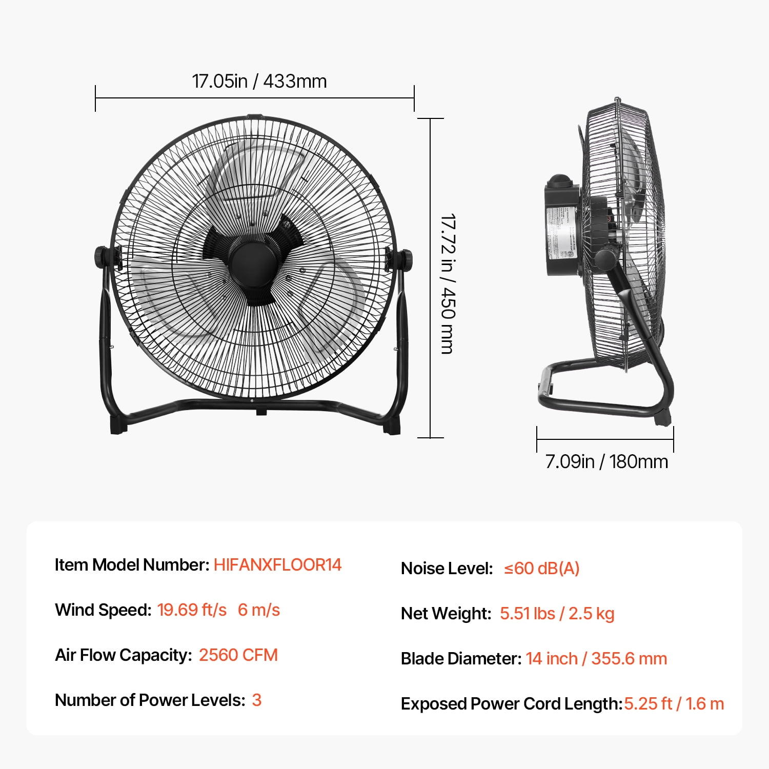 KFFKFF Ground Fan, Trio Velocity Intensity 14 Inch Industrial Grade Fan, 2400 CFM 360° Flexible Orientation 19.69 ft/sec Air Circulation Robust Metallic Fan, Suitable for Residence, Fitness Center