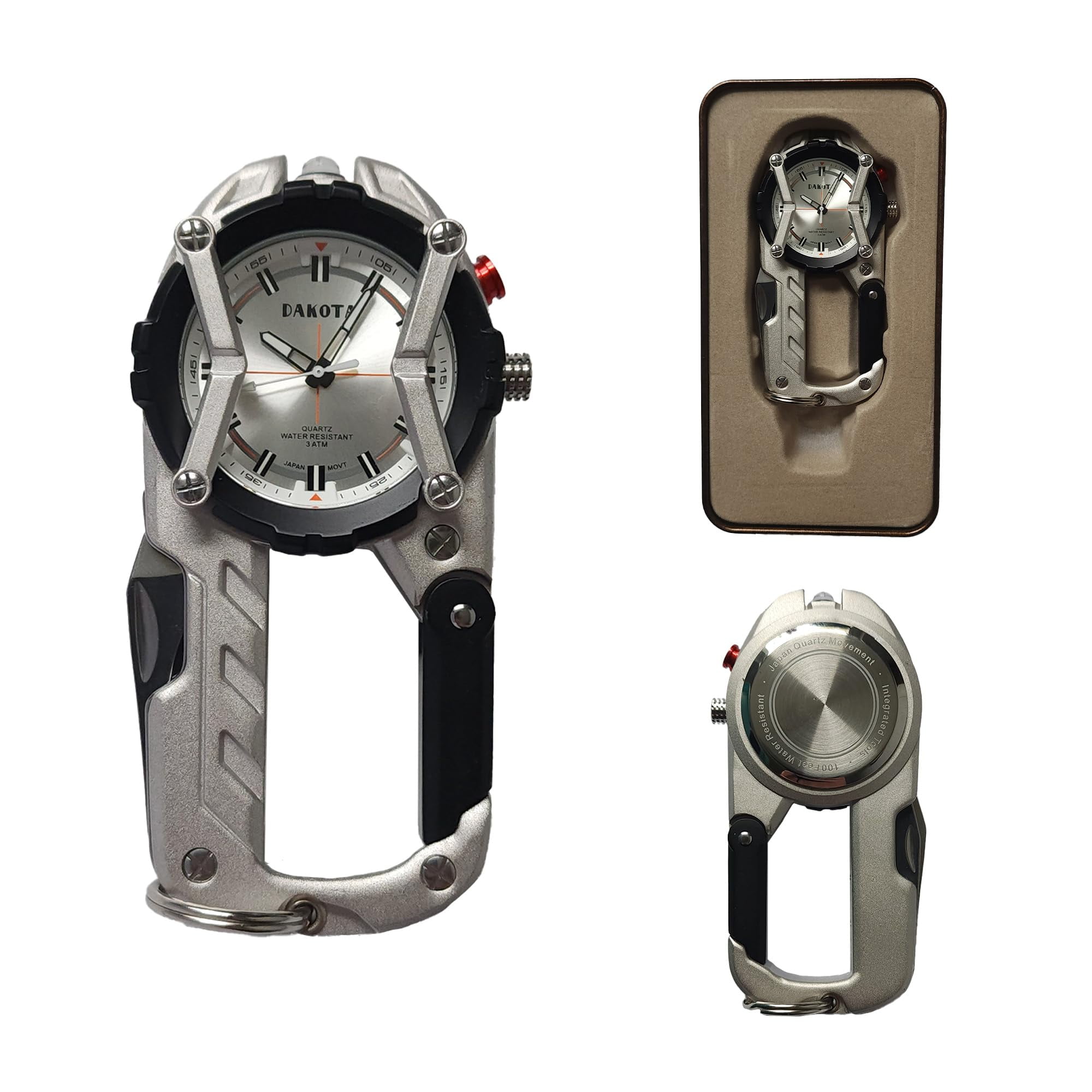 Multitool Clip Watch for Men – Silver | 100ft Water Resistant Clip-On Watch with LED Light, Bottle Opener, Screwdriver & Carabiner – Stainless Steel Outdoor Work & Camping Tool