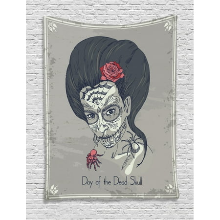 Day Of The Dead Tapestry Dia De Los Muertos Skull Girl With Roses Image Print Wall Hanging For Bedroom Living Room Dorm Decor Charcoal Grey Dimgrey