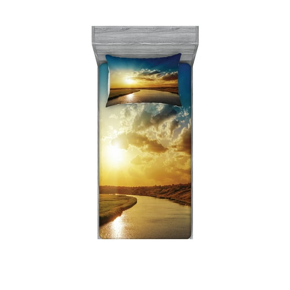 Ambesonne Scenery Fitted Sheet & Pillow Sham Set, Dreamy Sunset on River, Twin, Blue Yellow