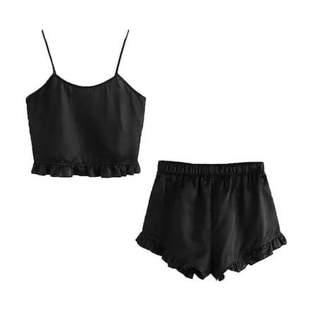 

Penkiiy Fashion Women Sexy Top Ruffled Shorts Camisole Pajamas Underwear Set Garter Belts in Lingerie Plus Size S Black on Clearance