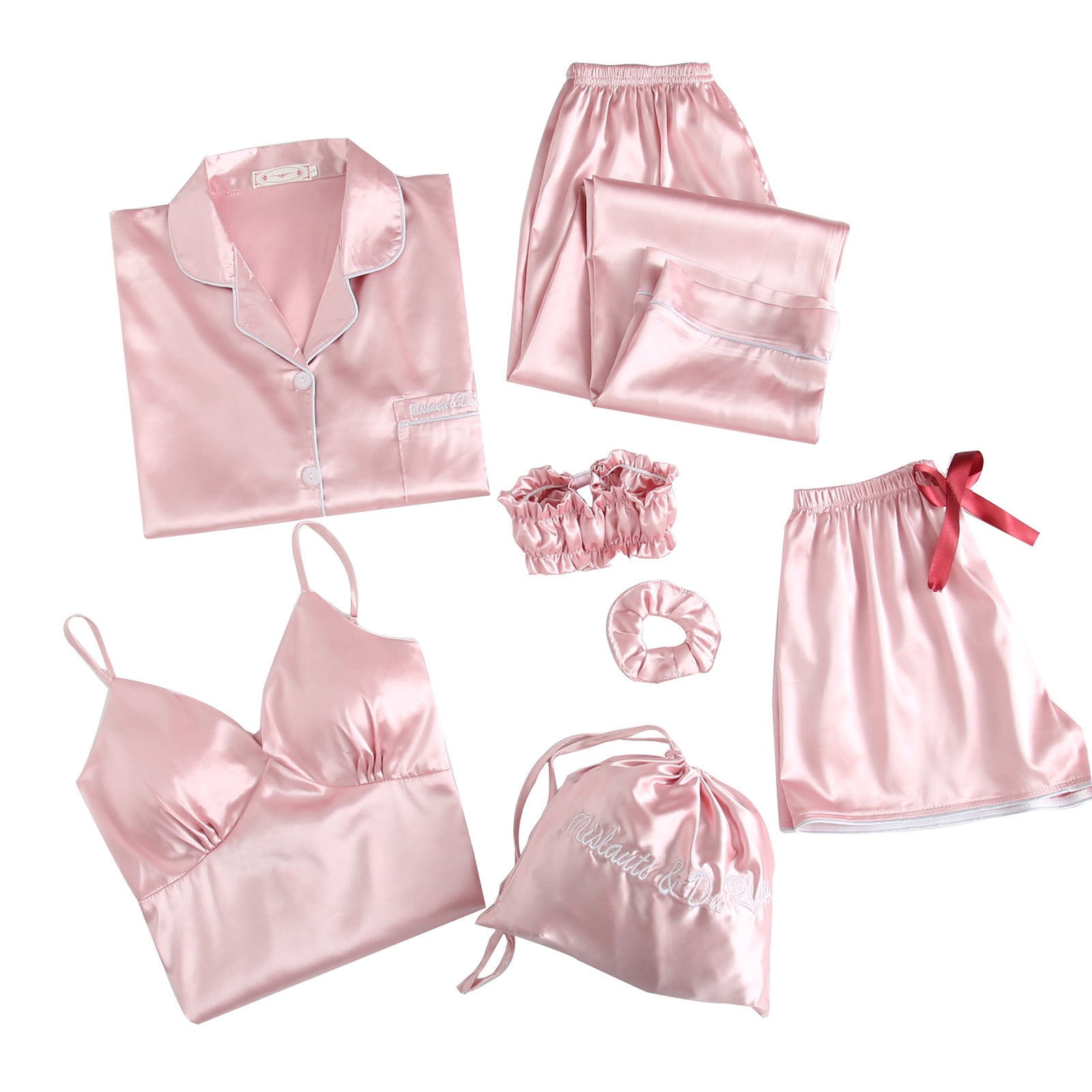 nsendm Female Pajamas Adult Women Pajama Set Women Seven Piece Set Long Sleeve Shorts Suspenders Solid Color Loungewear Set Pajamas Silky Pink L Walmart