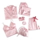 thumbnail image 1 of Conjunto de ropa de estar por casa de 7 piezas para mujer con pantalones cortos de manga larga y tirantes - Pijama de poliéster de color liso con bolsa de almacenamiento y accesorios, 1 of 8
