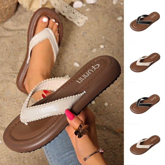 Women's Pearl Decor Thong Flip Flops Solid Color Round Open Toe Flat Sandals Soft Cushioned Sole Lightweight Non Slip Summer Beach Casual Outdoor Slides
