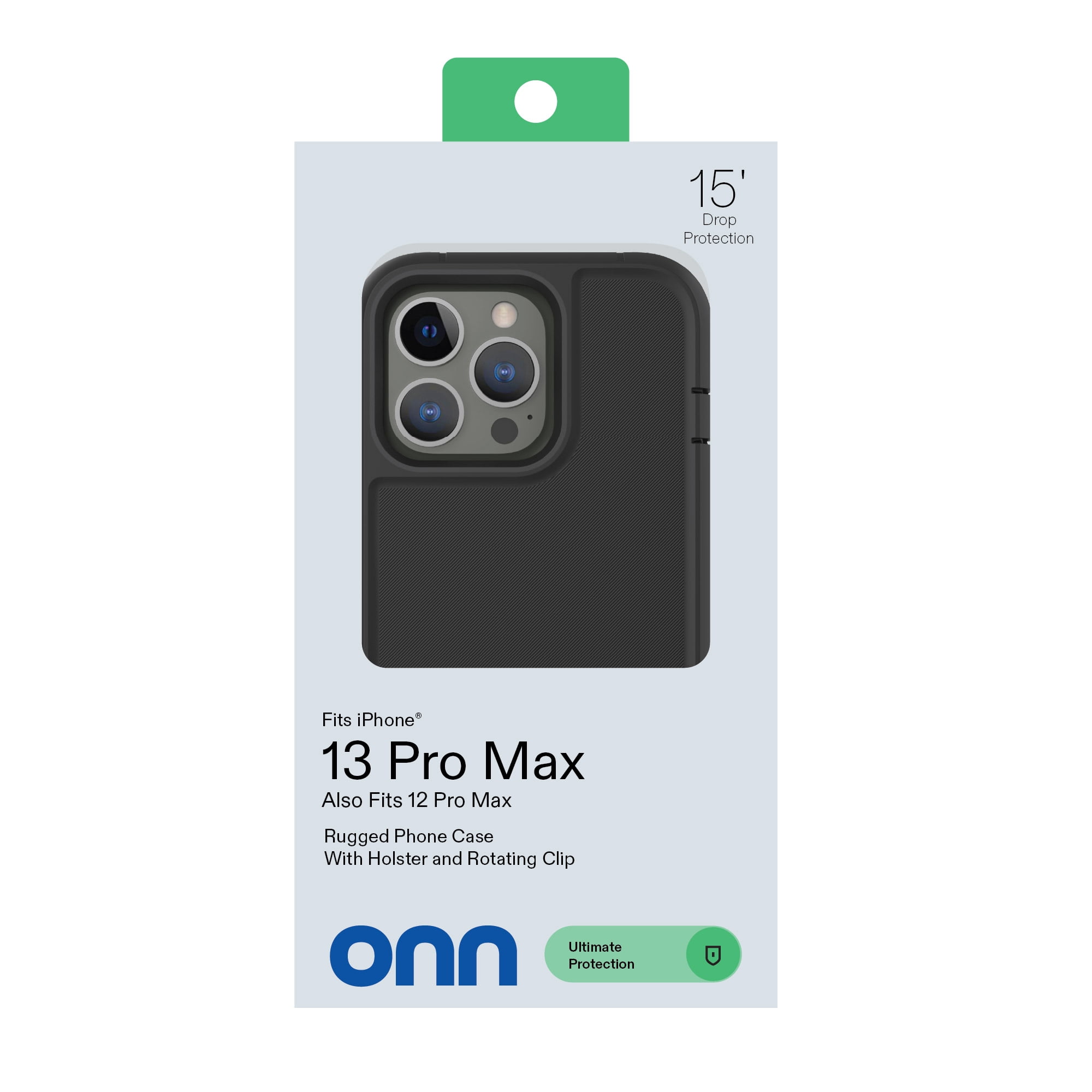 onn Rugged Phone Case with Holster for iPhone 13 Pro Max / iPhone 12 Pro Max - Black