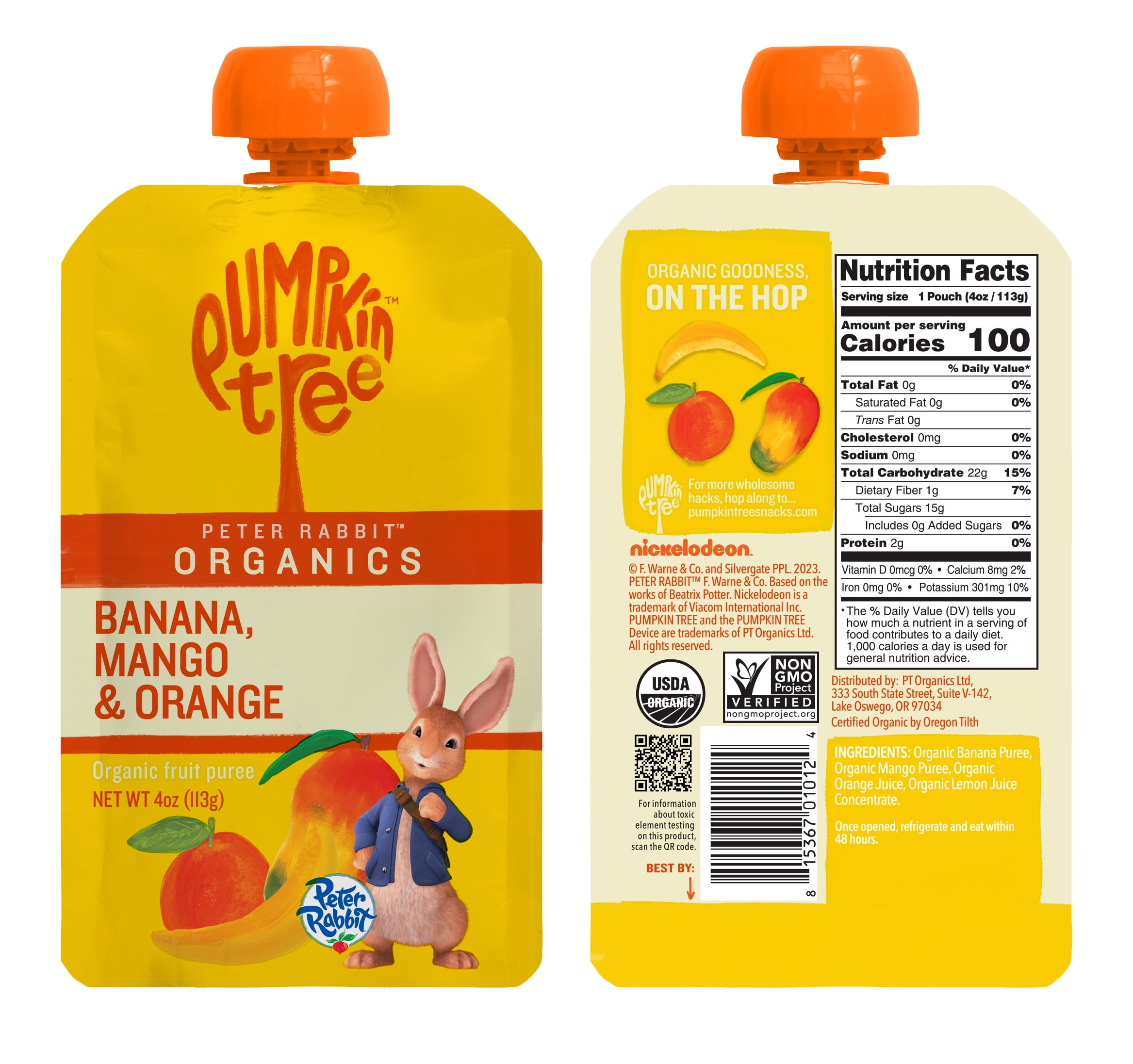 (12 pack) Peter Rabbit Banana Mango Orange Organic Fruit Puree 4 oz Toddler Snack
