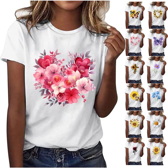 Summer T-Shirts for Women Funny Graphic Tees Rolled Cut Short Sleeve Tee Shirts Fashion Floral Print Casual Crew Neck Going Out Tops,Size S-3XL