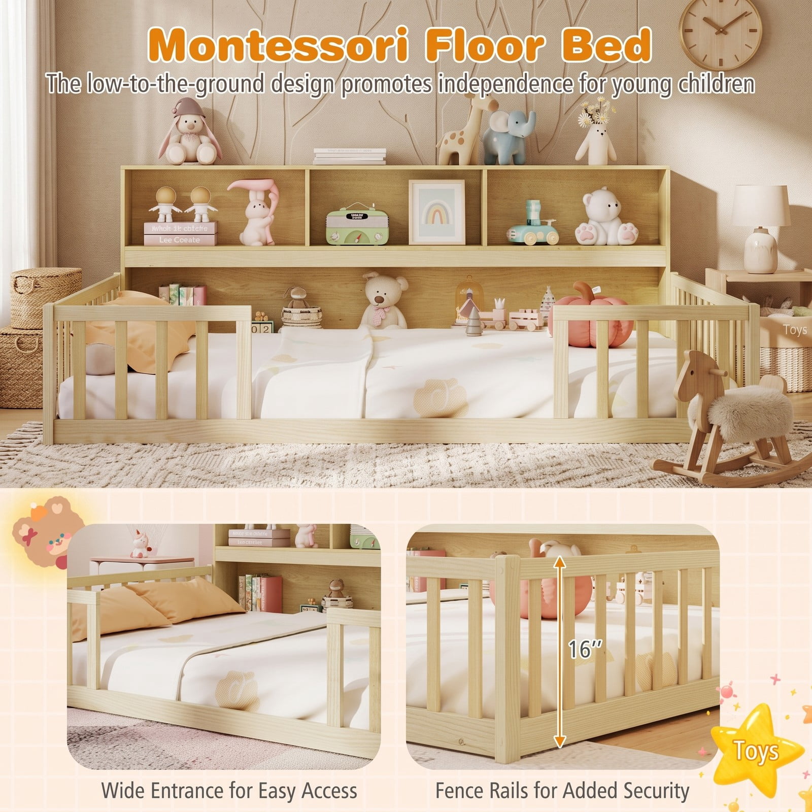 Furnibear Full Size Montessori Floor Bed Frame with Bookcase Headboard and Full Length Fence Rails, House Bed for Kids Bedroom, Natural