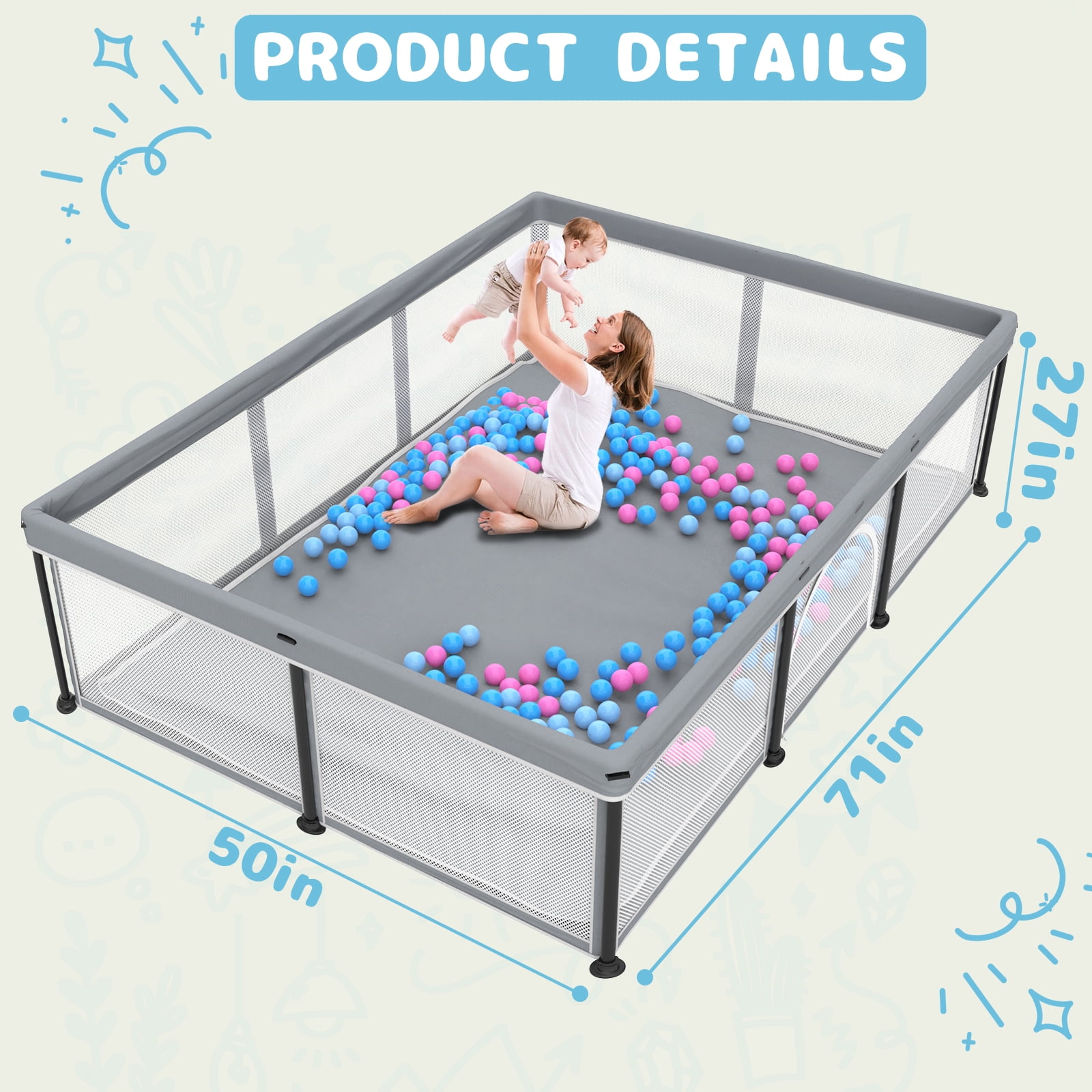 G TALECO GEAR Large Baby Playpen with Mat, Foldable Playpen for Babies and Toddlers, Portable Travel Play Yard, 50"x71", Gray