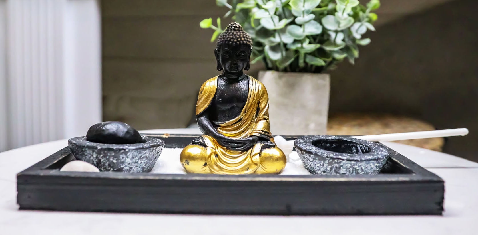 Candle Holder & Tray Rake Mini Zen Sand Garden Set with Buddha Statue Bell 