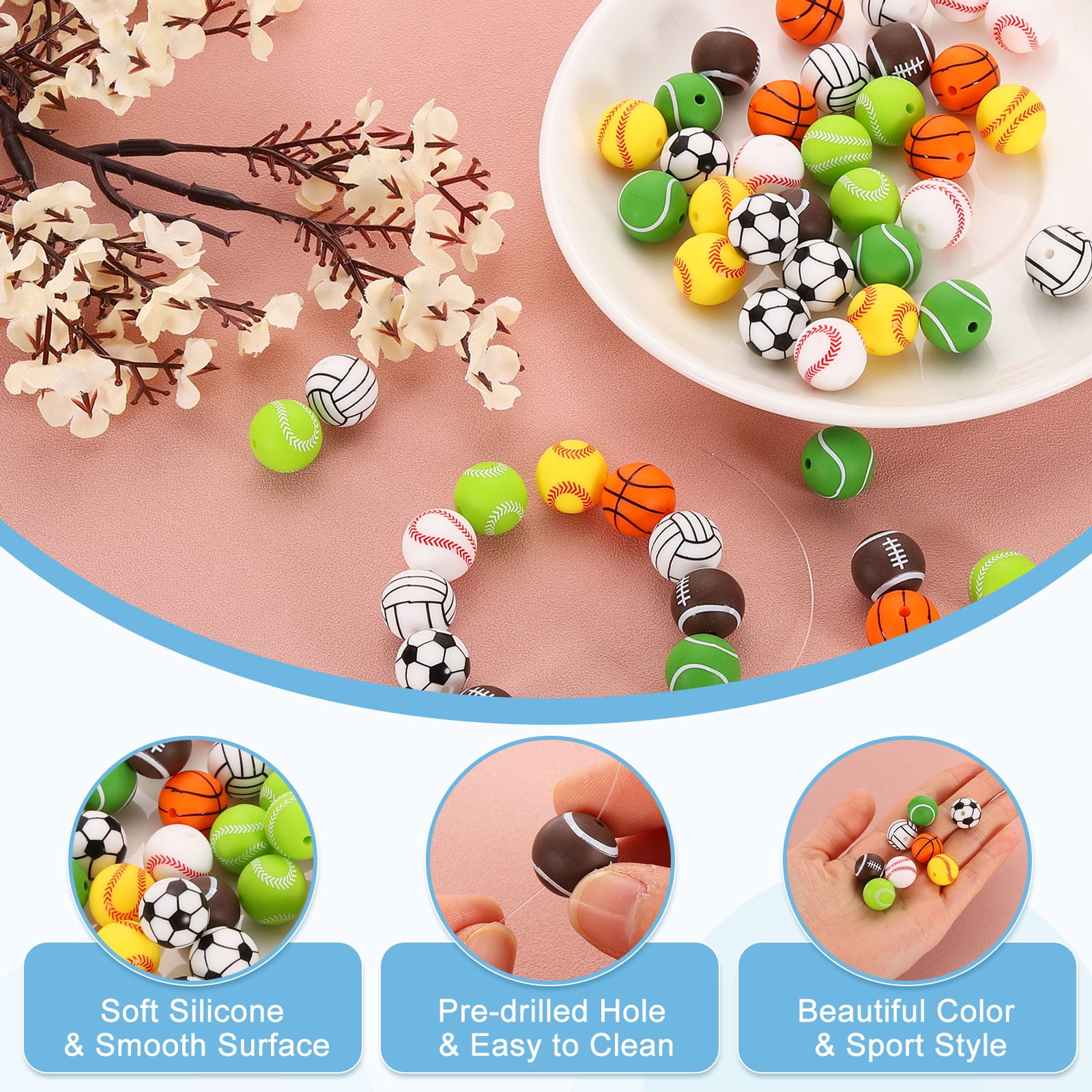 Sports Ball Beads, 100Pcs 15mm - Silicone Round Spacer Focal Beads, Rubber Loose Print Sports Beads for Keychain Making Pens DIY Crafts Necklace Bracelet Lanyard (7 Styles)