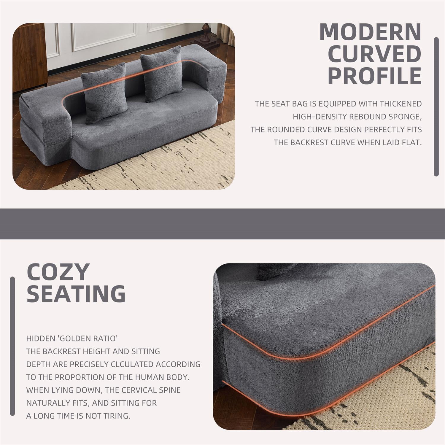 Demi Bonn Versatile 3-in-1 Sectional Sofa with Ottomans, Cozy Foam Fold-Out Bed, Space-Saving Chenille Lounger for Small Apartments & Home Offices, Gray