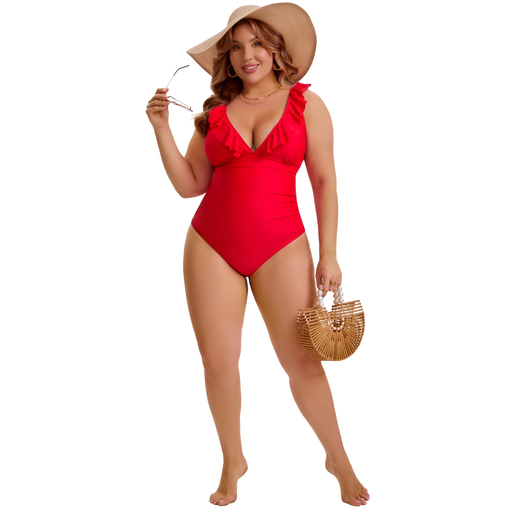 DARING DIVA Women's Plus Swimsuit Ruffled V Neck Tummy Control Bathing Suit L Red