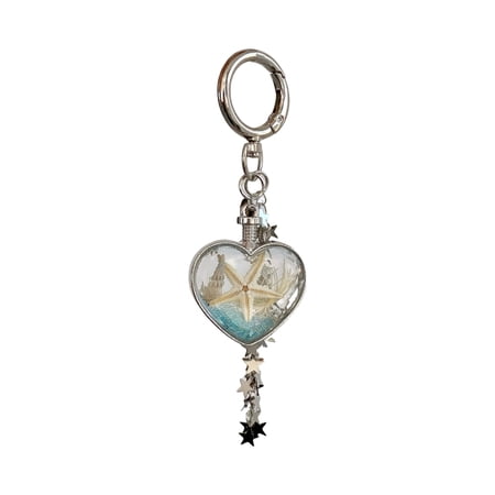 Beach-Themed Heart Keychain with Sea Star Charm & Glossy Glass Beads Lover Keyring for Her