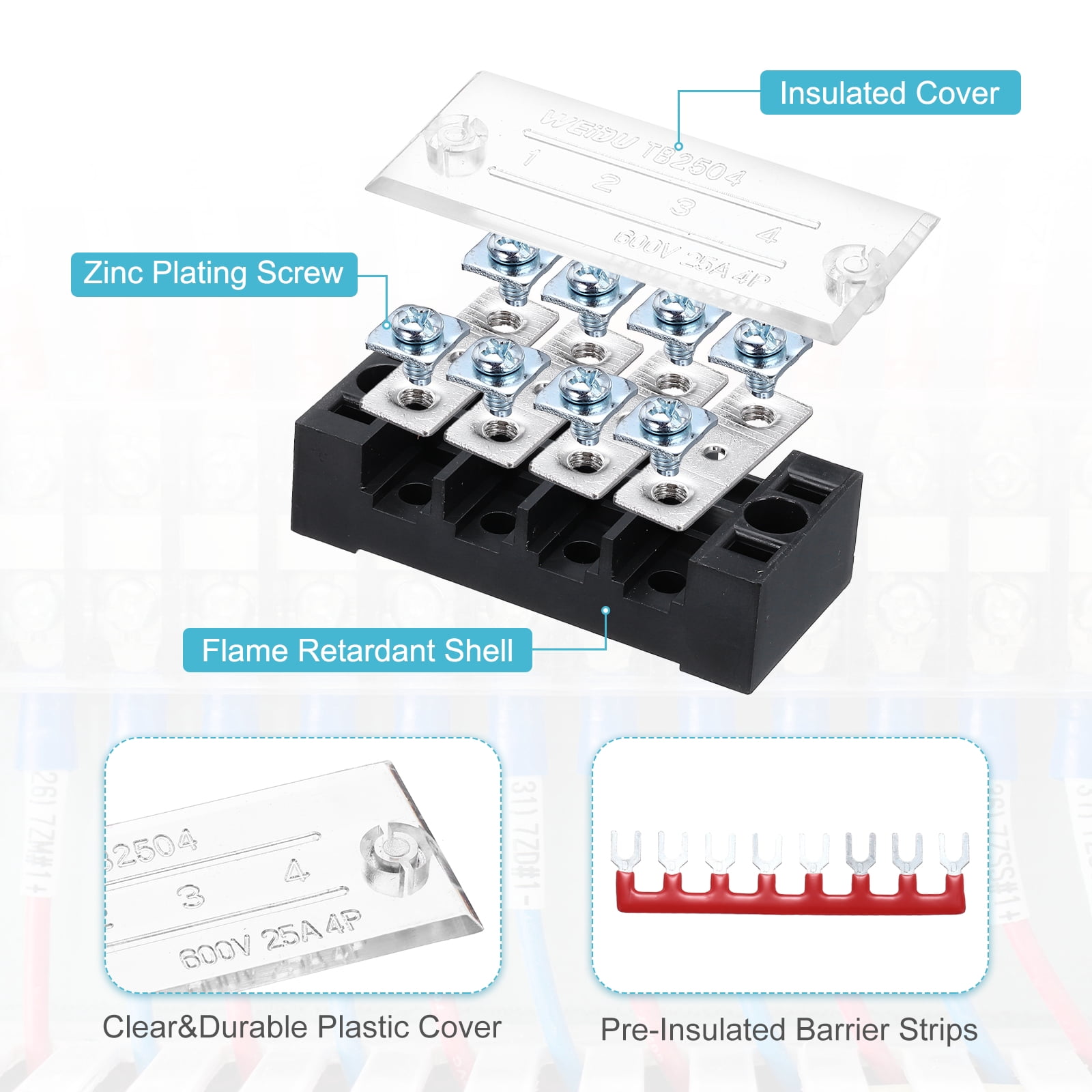 Uxcell 4 Pcs Dual Row Terminal Block, 600V 25A 8 Positions Screw Terminal Block with 8PCS Pre-Insulated Barrier Strips for Power System, Home Appliances