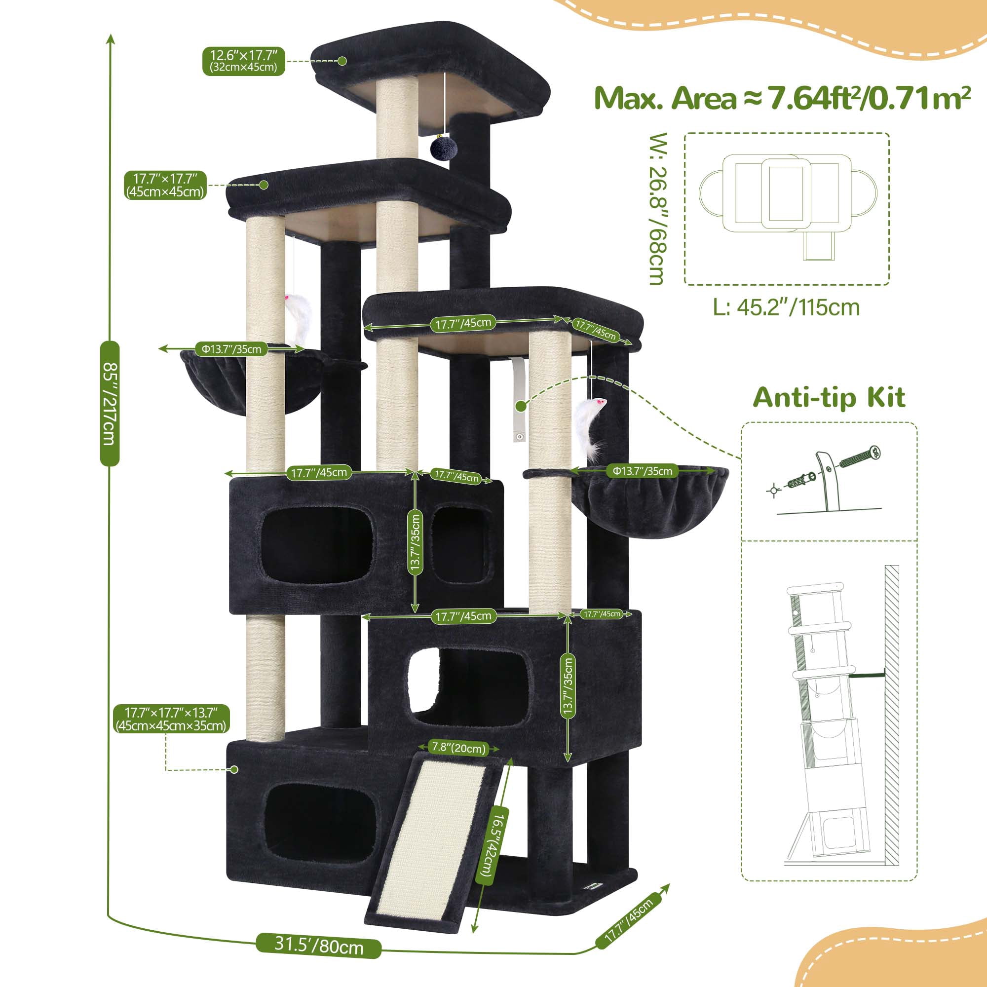 Globlazer Big Cat Tree Tower，85in Multi-Level Tall Cat Tree Tower Indoor for Multiple Adult Cats with Scratching Post, 3 Perches, 3 Condos, 2 Hanging Basket, S85,Dark Gray