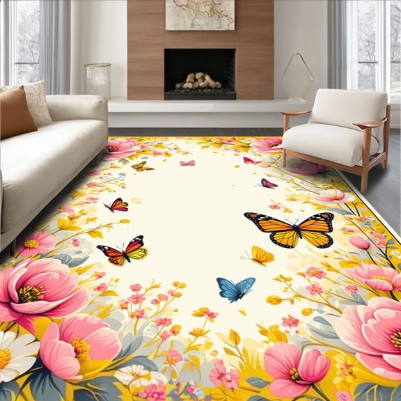 ODIKA 4'x6' Machine Washable Non-Slip Area Rug, Whimsical Pink Floral Design for Playful High Traffic Rug, Yellow, 88881